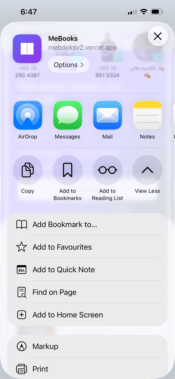 iPhone Share menu showing Add to Home Screen